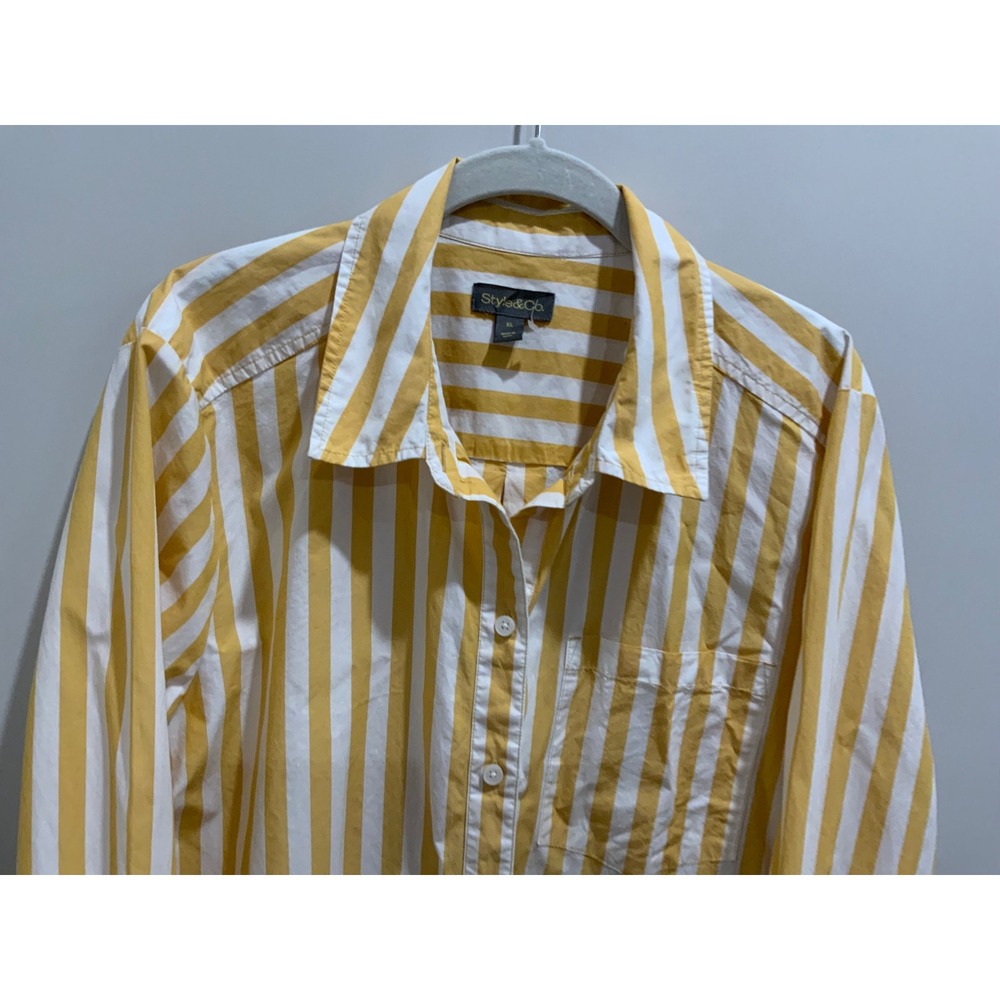 Style & Co Yellow White Striped Button Down Shirt Dress XL Long Sleeve Pocket - Picture 4 of 13